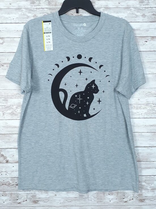Celebrate It Tops - Halloween Adult Crew Neck T-Shirt L Tee Cat Moon Stars Celestial Witchy 981A